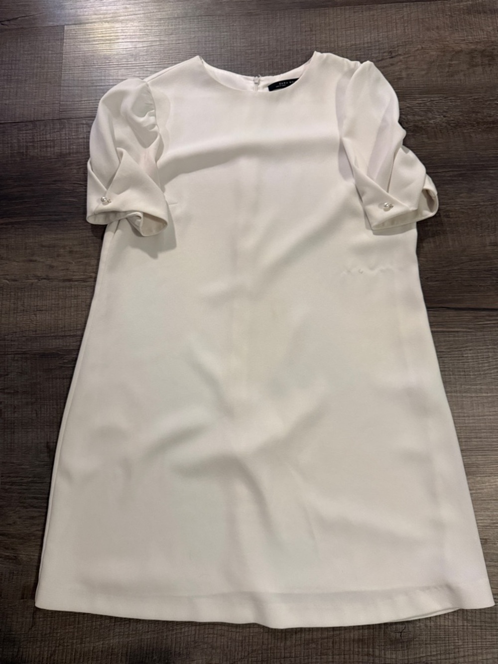 Zara White Mini Dress with Puff Sleeve Pearl Cuffs